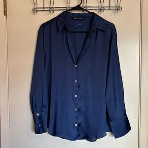 Zara Blue Satin Blouse Long Sleeve Elevated Basic Chic Going Out Top Size Medium